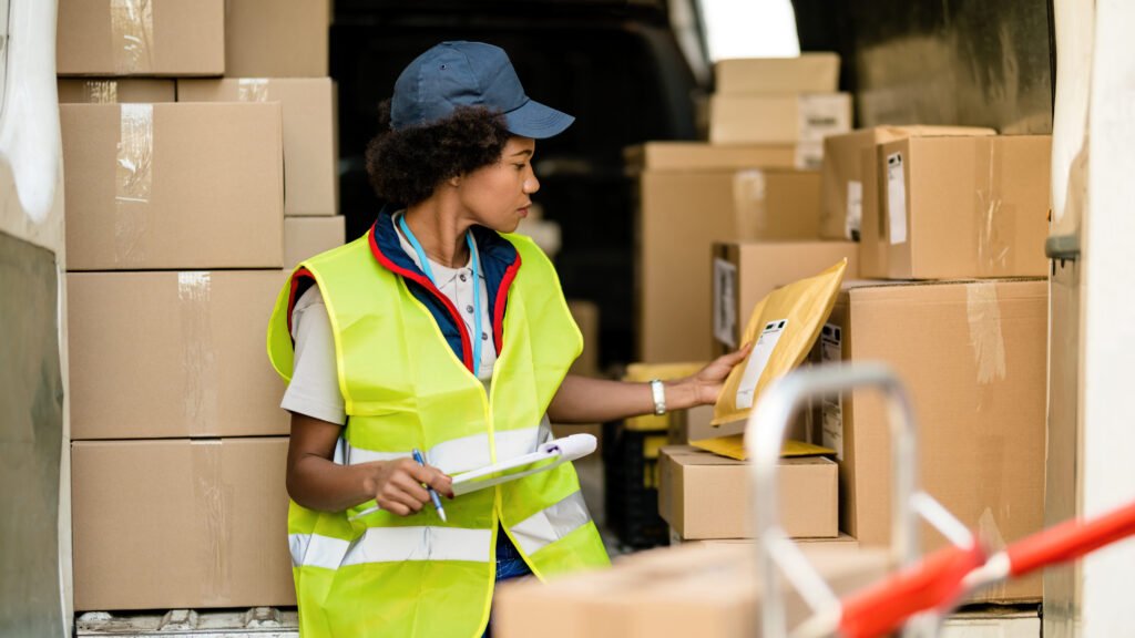 female african american deliverer sorting packages in a van.