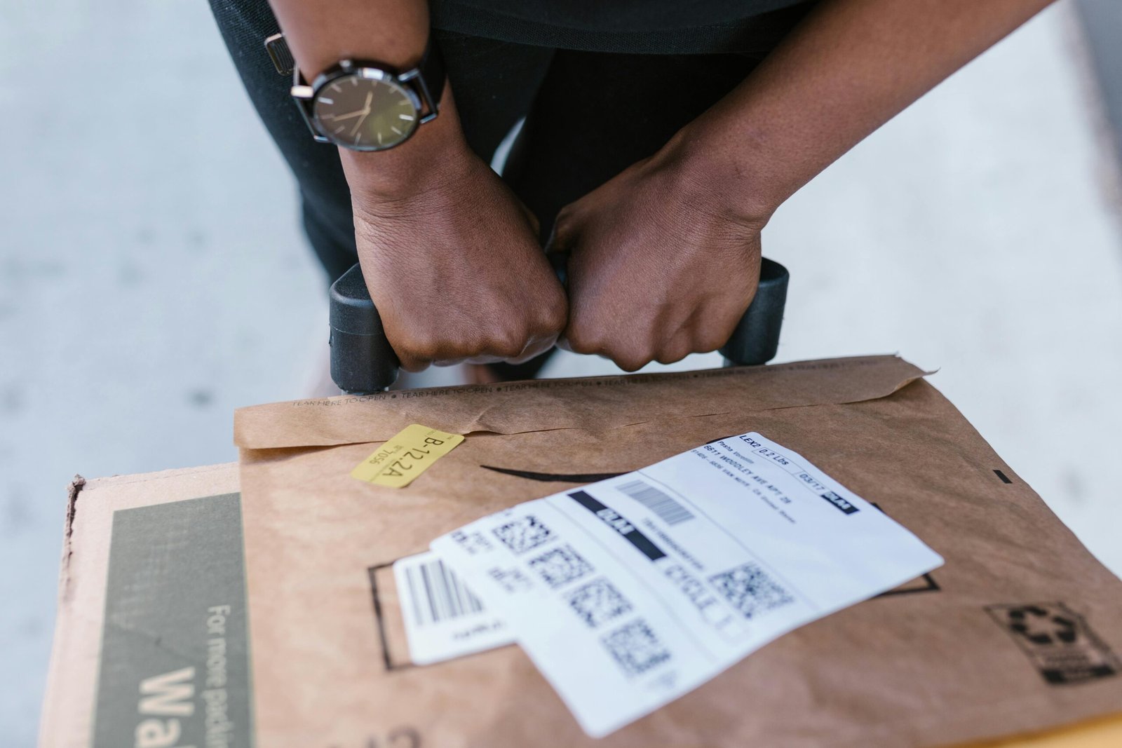 Close-up of delivery worker handling a package with care outdoors.